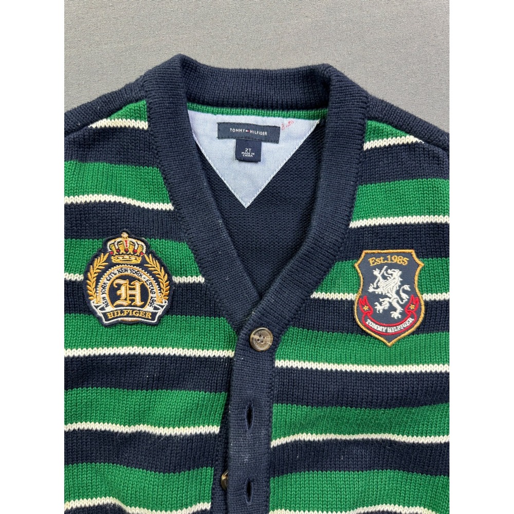Tommyโ Hilfiger Boys 2T Navy Green Striped Crest Patch Cardigan Sweater Preppy